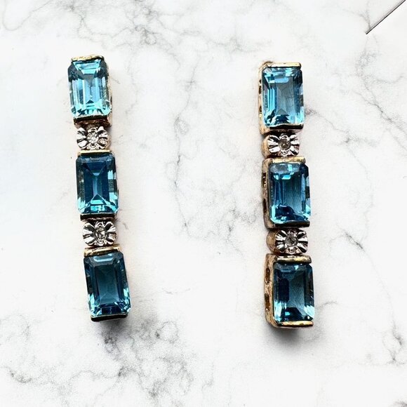 Sterling Silver Womans Earrings Blue Topaz Diamond Best Gift Idea For Her - Picture 1 of 2